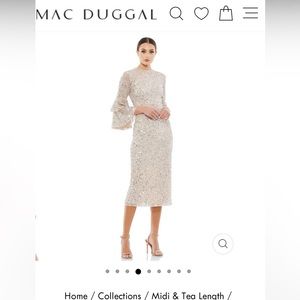 Mac Duggal Fully Sequined Ruffle Tiered 3/4 Sleeve Midi Dress Nude